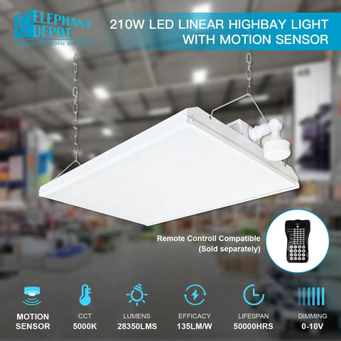 Heavy Duty Led Linear High Bay Workhorse With Motion Sensor, 210 Watt 2 Pack lighting fixture with motion sensor and chains.