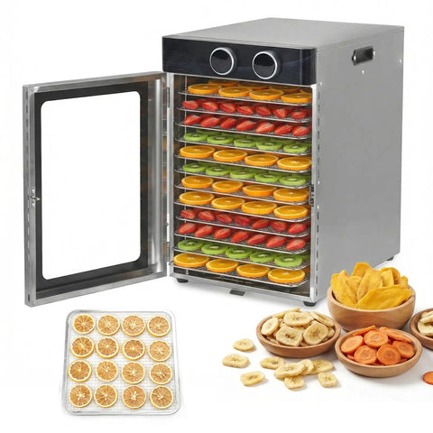 Hassle Free Electric Countertop Food Dehydrator Featuring Twelve Roomy Racks And A No Sweat 1200 Watt Motor for drying fruits.