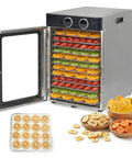 Badass 1200W Electric Food Dehydrator Machine Featuring Twelve Stainless Steel Trays full of assorted dried fruits.