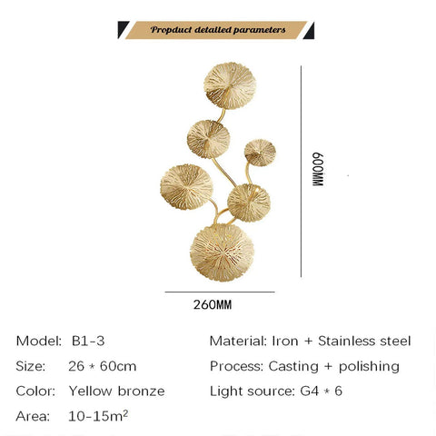 Five Head Gold Lotus Leaf LED Indoor Wall Light Fixture, Stainless Steel Modern Wall Lamp size specs, 260mm width, 600mm height