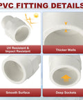 PVC fitting details showing UV resistance, thicker walls, smooth surface, deep sockets for Half Inch PVC NPT Male Thread Adapter Slip Coupling