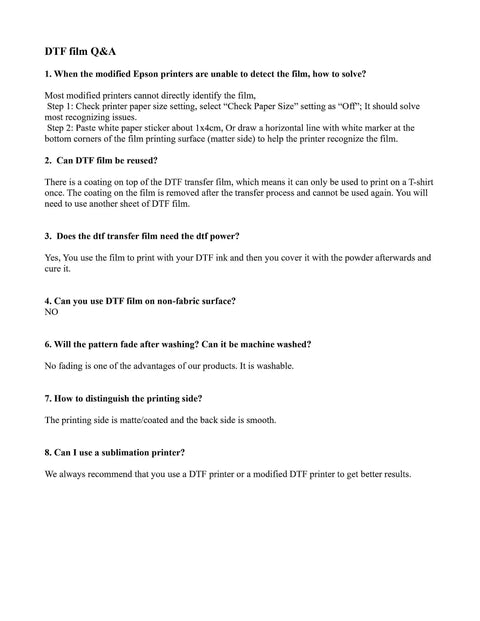 DTF film Q&A document with FAQs about Premium DTF Transfer Film 13X19 Matte Clear PET Heat Transfer Paper, including usage and troubleshooting.