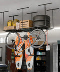 Heavy Duty 4 Pack Overhead Garage Ceiling Storage Hooks Add On Flat Hook Accessory For Hanging Bikes Ladders Tools And More Supports Up To 53 Lbs Easy Mounting holding a bike and kayak