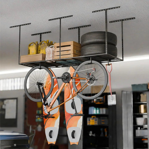 Heavy Duty 4 Pack Overhead Garage Ceiling Storage Hooks Add On Flat Hook Accessory For Hanging Bikes Ladders Tools And More Supports Up To 53 Lbs Easy Mounting holding a bike and kayak