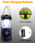 Two Pack Collapsible Camping Lantern With Solar USB Rechargeable Portable Waterproof LED Light showing charging methods