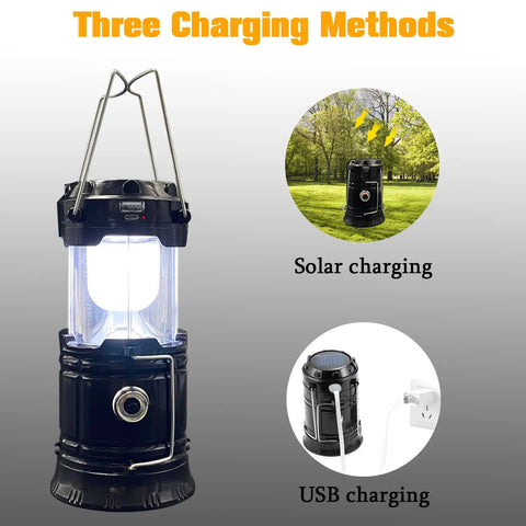 Two Pack Collapsible Camping Lantern With Solar USB Rechargeable Portable Waterproof LED Light showing charging methods