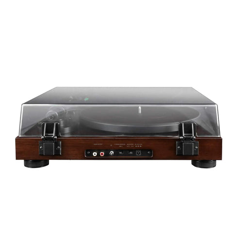 Elite High Fidelity Vinyl Turntable With Audio Technica AT95E Cartridge Belt Drive Built In Preamp Adjustable Counterweight High Mass Walnut MDF Plinth For Rich Analog Listening And Studio Quality Sound, rear view