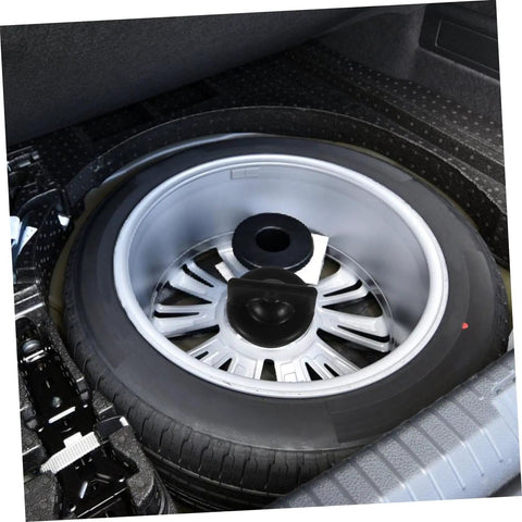 Spare Tire Bolt Retainer Clamp For Trailer And Car, installed on a spare wheel in car trunk, preventing rattle and keeping it stable.