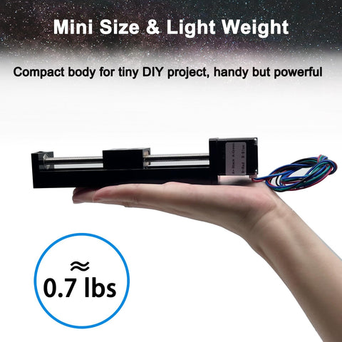 4 Inch Stroke Mini Linear Rail Stage Actuator For DIY CNC Router XY Z Motion, compact design shown on a hand, 0.7 lbs