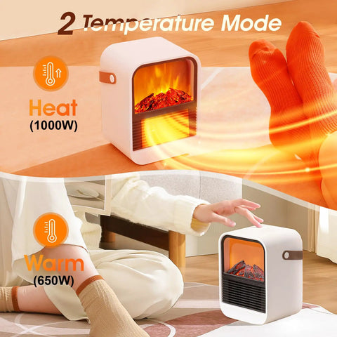 Compact Electric Fireplace Heater For Small Rooms With Real 3D Flame Vibe, PTC Ceramic Heating, Quiet Desk Space Heater