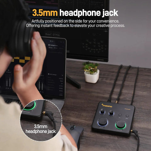 USB Audio Interface With XLR Input, 24 Bit 192 kHz Recording, Loopback And ASIO Driver For PC, setup with laptop and headphones