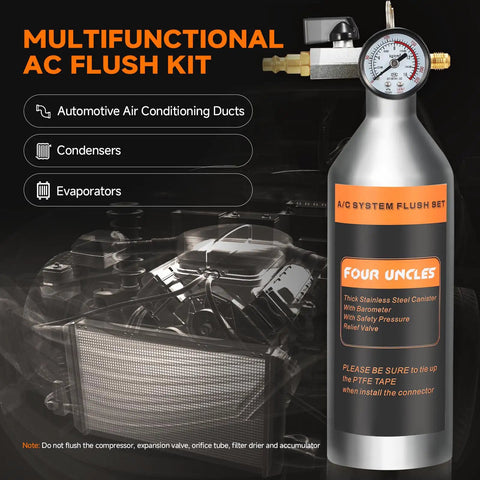 Pro Grade AC Flush Kit For Auto Air Conditioning System Cleaning With stainless steel canister and pressure gauge.