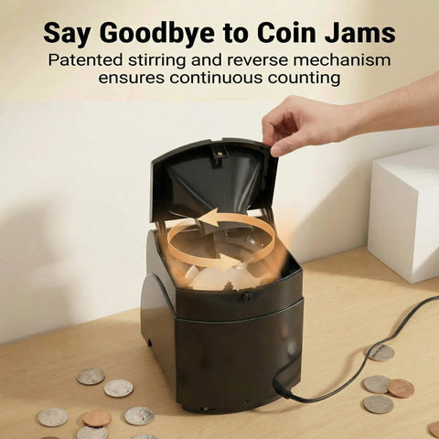 No Sweat Heavy Duty Coin Counter And Auto Wrapper Machine With Rapid 312 Coins Per Minute Pace showing anti-jam feature in action.