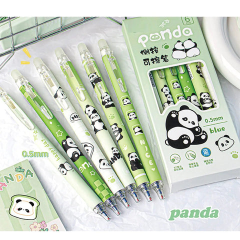 Six Pack Panda Erasable Retractable Gel Ink Pens 0.5mm Blue Ink Too Cute Panda Design with packaging displayed