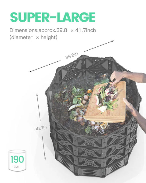 Person adding kitchen scraps to 190 Gallon Large Outdoor Compost Bin With Aeration Vents, BPA Free PP Panels, 39.8 x 41.7 inches