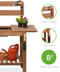 Mobile Garden Potting Bench With Sliding Tabletop Outdoor Wood Workstation Table On Wheels 4 Locking Casters Food Grade Dry Sink Storage Shelves Brown Finish showing upper shelves, tool hooks, and 8 sq ft of storage