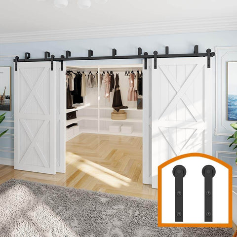 Bypass Sliding Barn Door Hardware Kit For Four Doors Double Track 12 Foot Rail System With Junction Plates Spacers And Rollers Doors Not Included Pro Grade Durable For Easy Installation And Modern Farmhouse Style image showing installed view of sliding doors with hardware.