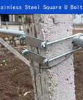 4 Pack Square U Bolts Four And One Half Inch Stainless Steel With Plates Nuts And Flat Washers M10 Round for securing post.
