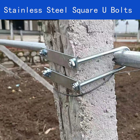 4 Pack Square U Bolts Four And One Half Inch Stainless Steel With Plates Nuts And Flat Washers M10 Round for securing post.
