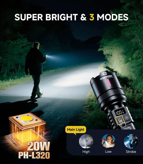 Rechargeable LED Flashlight 20000 Lumens High Power Dual Light Source 2 Pack USB C Fast Charge displayed in night setting