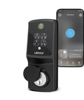 Secure Pro Wi-Fi Deadbolt Smart Lock Packs Hella Fast Ai Fingerprint Unlock In Just.2 Seconds alongside a slim black locking mechanism and smartphone app.