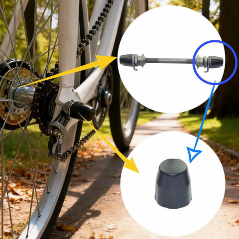 Close-up of bike wheel with 8 Pack Bicycle Axle Dust Cover Replacement Set, Durable Black Plastic Axle Caps For Bike Wheel Hubs