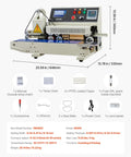 Continuous Bag Sealer Machine With Adjustable Temp And Speed, Horizontal Band Sealer shown with components and dimensions.