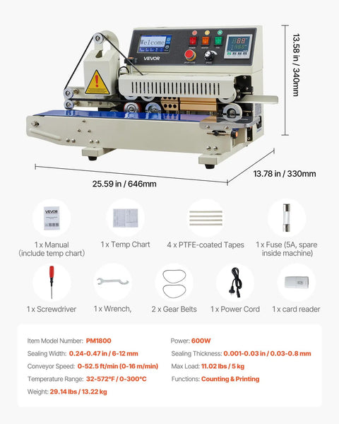 Continuous Bag Sealer Machine With Adjustable Temp And Speed, Horizontal Band Sealer shown with components and dimensions.