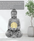 Dope Zen Solar Buddha Statue With Cracked Glass Ball Light For Indoor Outdoor Garden Balcony Patio Yard Decor Eco Friendly Solar Powered Peaceful Vibe Gift Idea on floor near potted plant