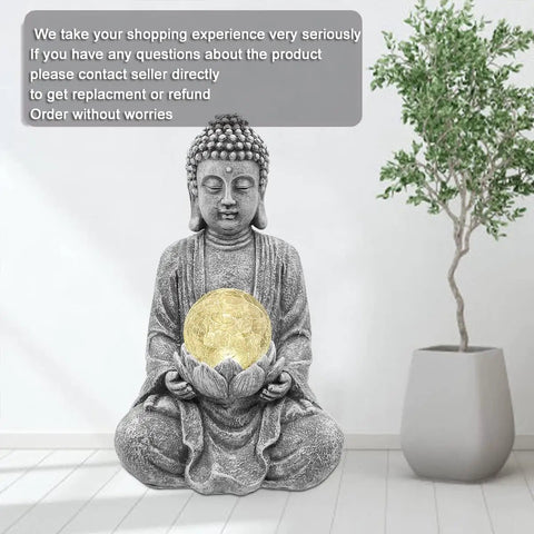 Dope Zen Solar Buddha Statue With Cracked Glass Ball Light For Indoor Outdoor Garden Balcony Patio Yard Decor Eco Friendly Solar Powered Peaceful Vibe Gift Idea on floor near potted plant