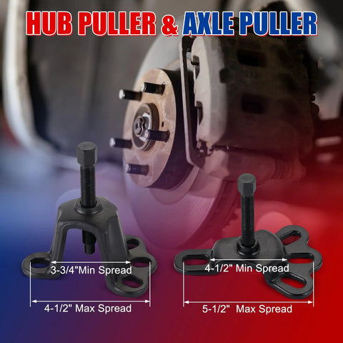 Universal Front And Rear Wheel Hub Puller Set For Flange Type Axle Remover Tool in use on vehicle wheel hub