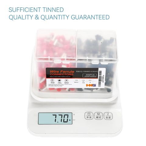 Premium Wire Ferrules Set 500 Pieces 250 Pairs Copper Barrel Pin Terminals Red And Black Nylon Insulated Ferrules on scale
