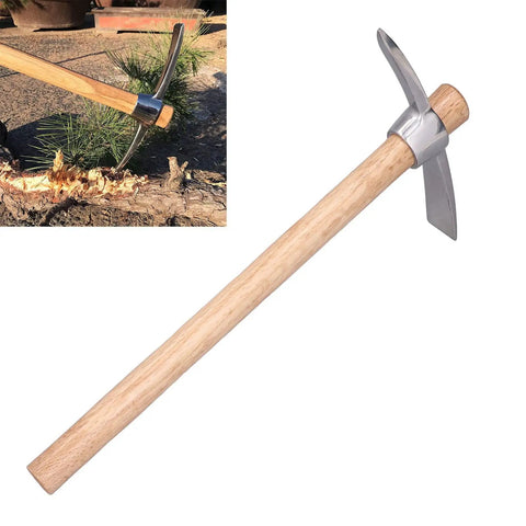 Hand Mattock Pick Axe Seventeen Point Seven Inch Garden Tool with sharp stainless tines and beech wood handle in garden setting