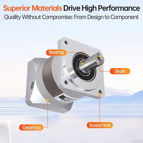 Planetary gearbox for NEMA 34 stepper motor; 5:1 ratio, silver housing with square flange and protruding shaft (angled view)