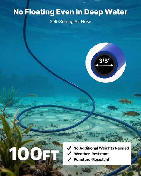 100 ft self-sinking air hose for 5.2 CFM Pond Aeration Kit For 1-3 Acre Lakes With Three Quarter HP Compressor, Two Diffusers And 100 Ft Weighted Tubing