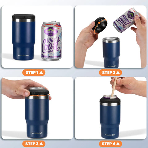 Hella Tough Navy Blue Four In One Insulated Stainless Steel Drink Koozie Fits 12 Oz Cans And Beer Bottles Transforms To Tumbler in use.