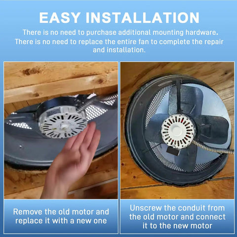 Easy installation of Direct Fit Attic Fan Motor Replacement 120V 1500 RPM for attic vents with old motor removal.