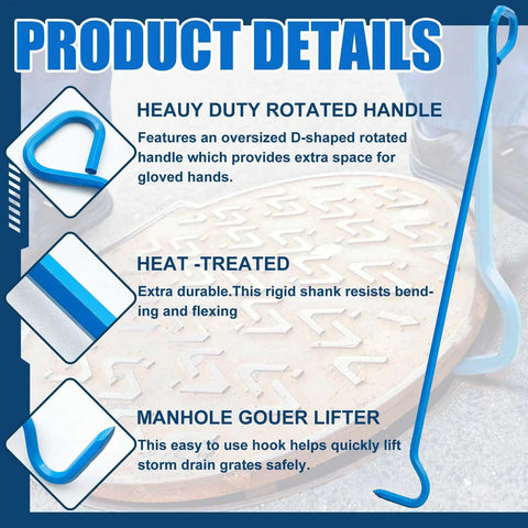 Two Pack Heavy Duty Manhole Cover Hook And Septic Tank Lid Puller 42 Inch tough utility lifter with oversized D-handle for easy grip.