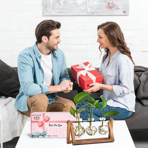 Couple exchanging gift with Terrarium Plant Display With Wooden Stand And Glass Bulb Vases, Vintage Metal Swivel Holder in foreground