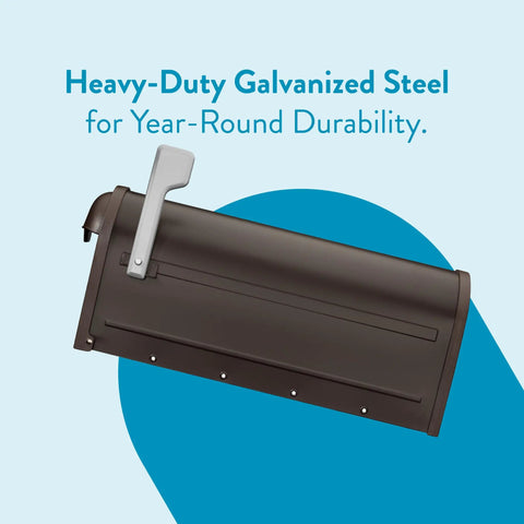 Winston Post Mount Mailbox in rubbed bronze, heavy-duty galvanized steel design with focus on durability for year-round use.