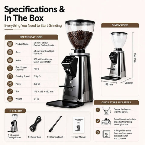 Professional Commercial Coffee Grinder With Programmable Dosage Control And A Massive Seven Hundred Fifty Gram Hopper on display with specifications.