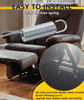 Heavy Duty Three Five Eighth Inch Recliner Tension Springs Four Pack with slick deflecting hooks in silver finish on recliner.
