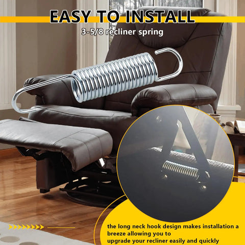 Heavy Duty Three Five Eighth Inch Recliner Tension Springs Four Pack with slick deflecting hooks in silver finish on recliner.