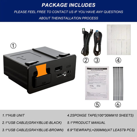 Mazda CarPlay And Android Auto Retrofit Kit For MZD Connect System With Type-C Fast Charging package includes hub unit, cables, manual