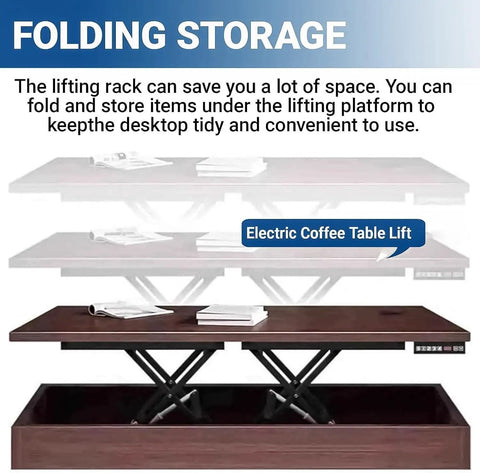 Portable Electric Scissor Lift Table With Remotes Space Saving Height Adjustable Coffee Platform For Home Office Diy Shop And Workshop Folding Storage Hack That Fits Like A Charm showing storage space under liftable tabletop.