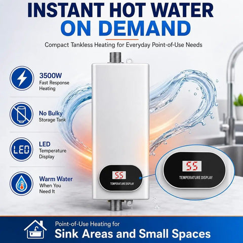 Compact Tankless Electric Water Heater Brings Straight Up Instant Hot Water On Demand Featuring A Slick LED Display and efficient 3500W core.