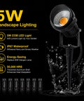 5W LED landscape light with spike stand and water-resistant design, part of 8 Pack 5W Low Voltage LED Landscape Lights With Spike Stands And Quick Connectors, 12V 24V AC DC Outdoor Warm White Pathway Lighting For Lawn Garden Driveway And Fence IP65 Waterproof.