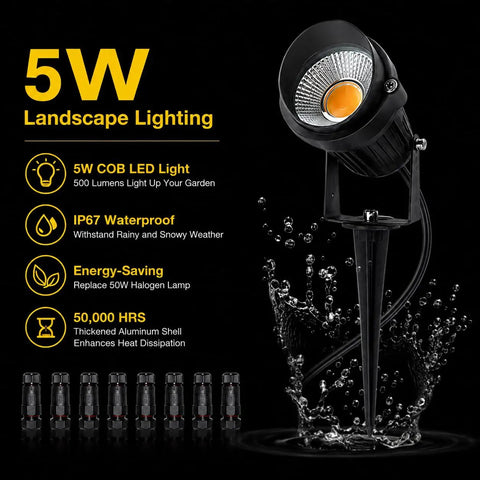 5W LED landscape light with spike stand and water-resistant design, part of 8 Pack 5W Low Voltage LED Landscape Lights With Spike Stands And Quick Connectors, 12V 24V AC DC Outdoor Warm White Pathway Lighting For Lawn Garden Driveway And Fence IP65 Waterproof.
