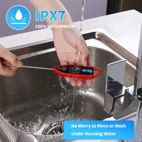 Digital Water Thermometer For Liquid And Food, Instant Read, Waterproof IPX7, Long Probe shown being rinsed under faucet