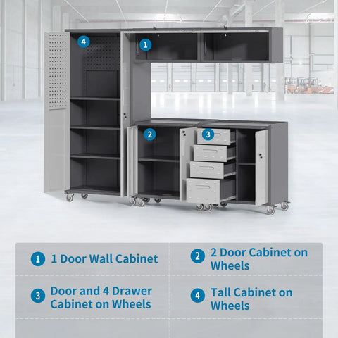 Garage Storage Cabinet System 5 Piece Workshop Set With Drawers Locking Heavy Duty Rolling Cart And Adjustable Shelves for tools